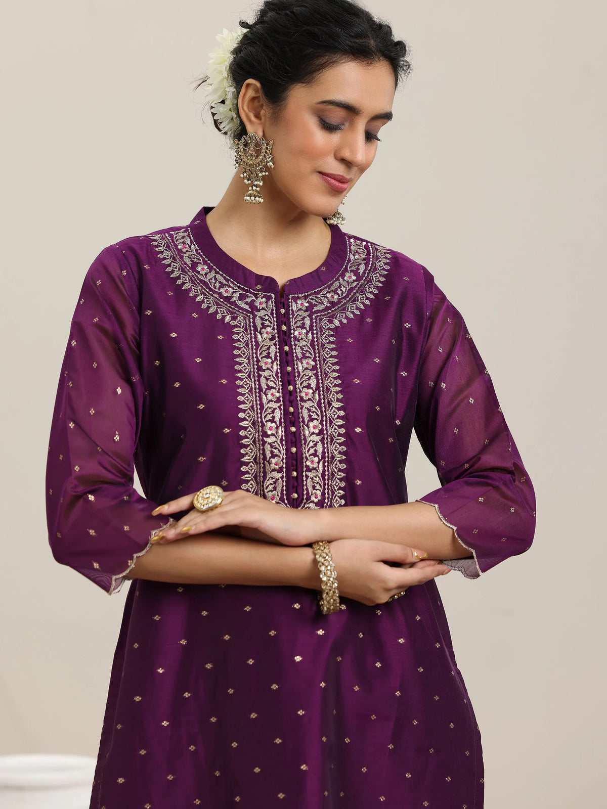 Anouk Wine Woven Design Chanderi Silk Straight Suit With Dupatta