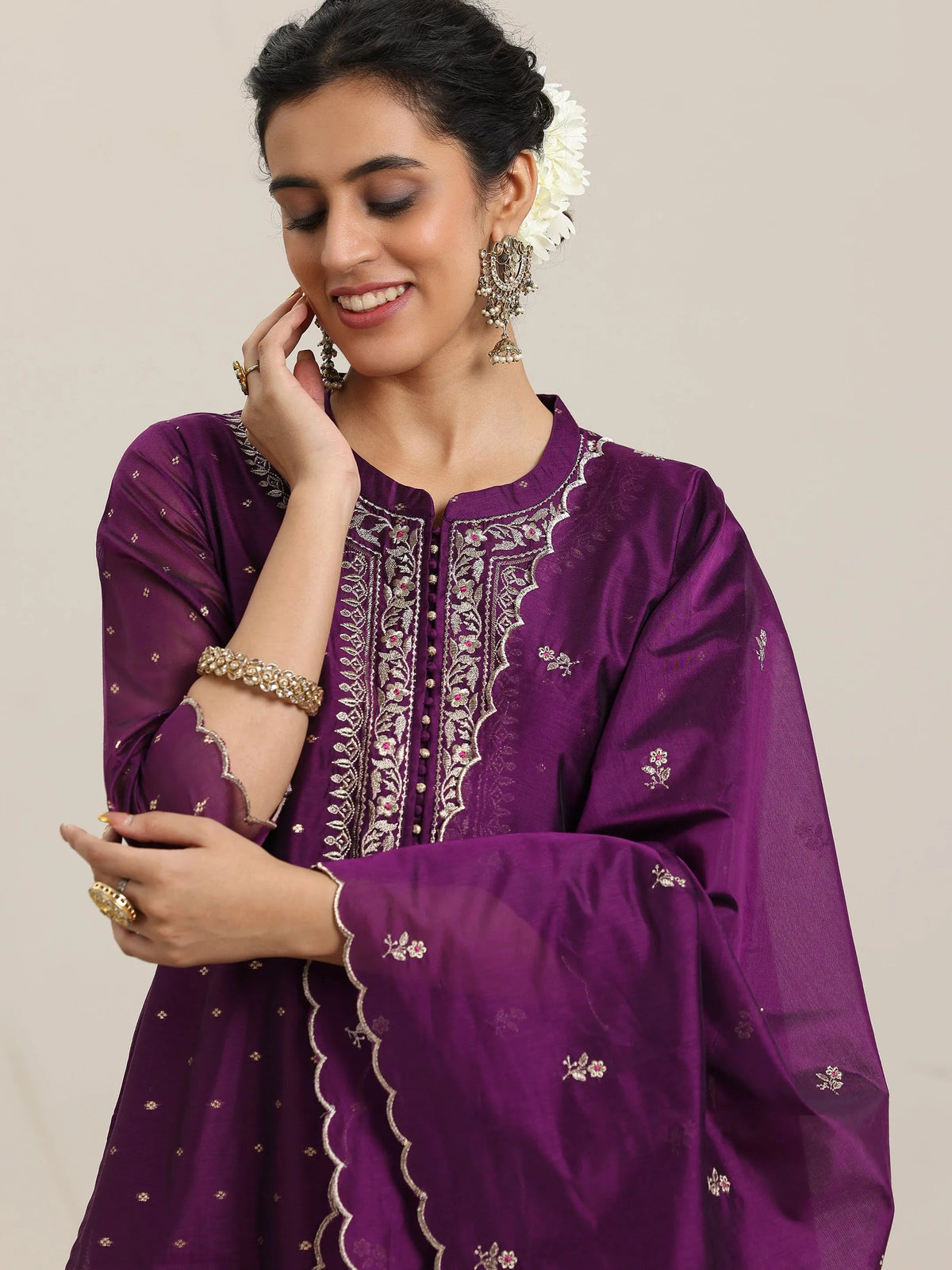 Anouk Wine Woven Design Chanderi Silk Straight Suit With Dupatta