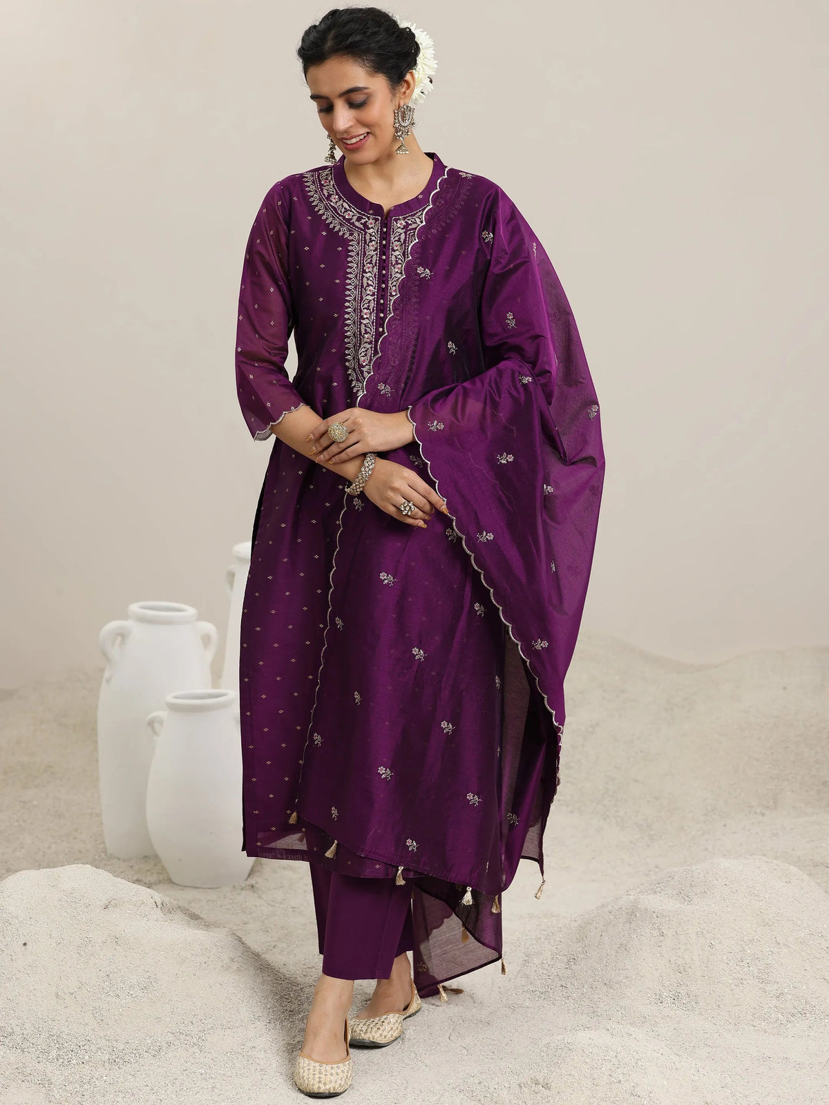 Anouk Wine Woven Design Chanderi Silk Straight Suit With Dupatta