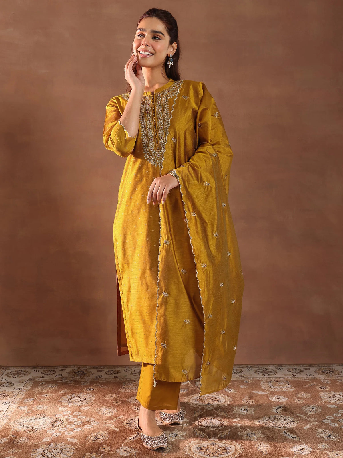 Anouk Mustard Woven Design Chanderi Silk Straight Suit With Dupatta