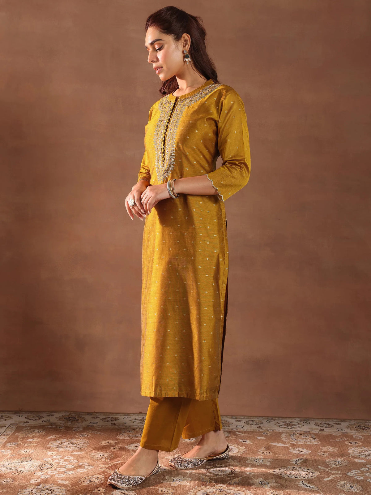 Anouk Mustard Woven Design Chanderi Silk Straight Suit With Dupatta