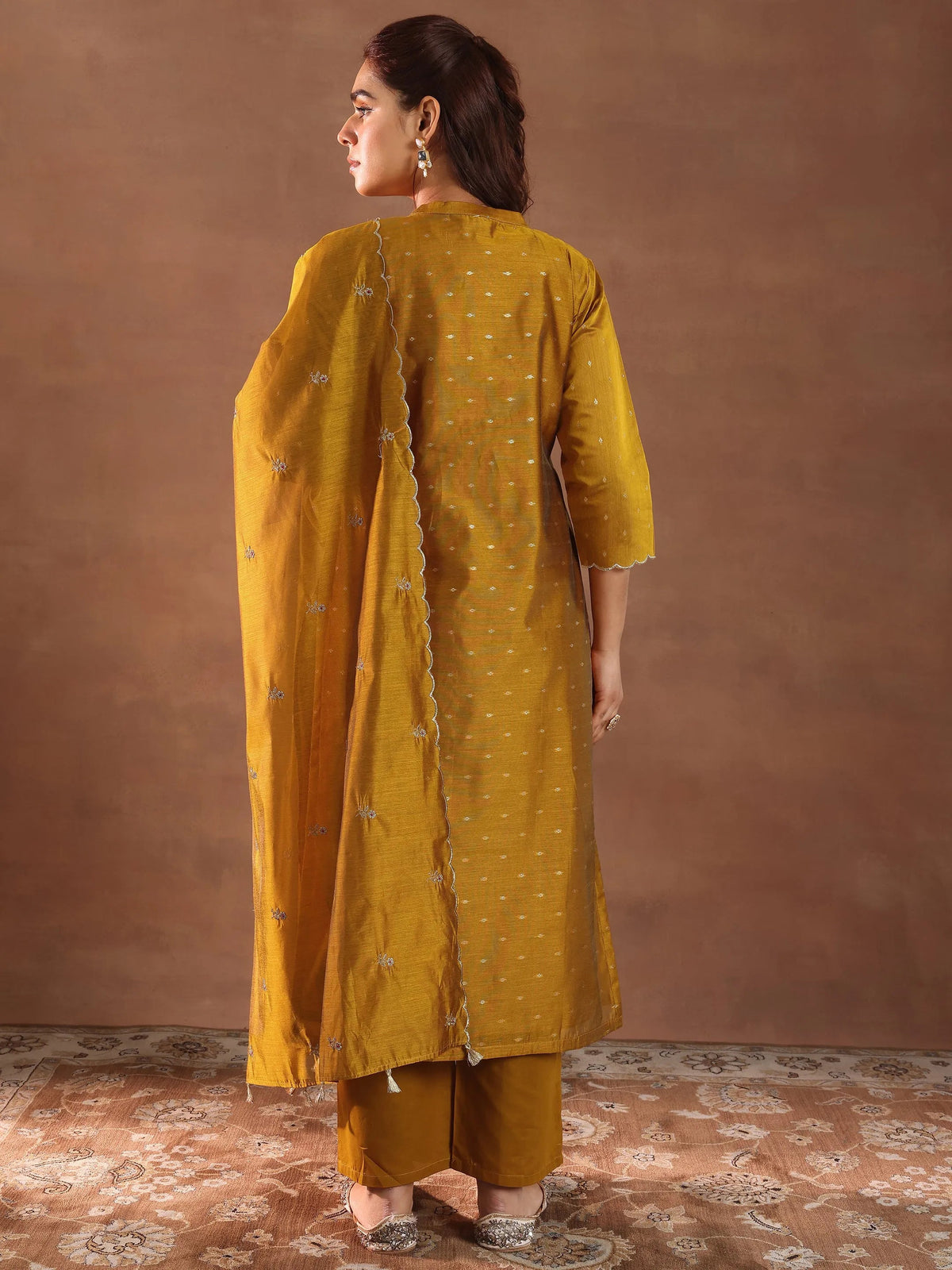Anouk Mustard Woven Design Chanderi Silk Straight Suit With Dupatta