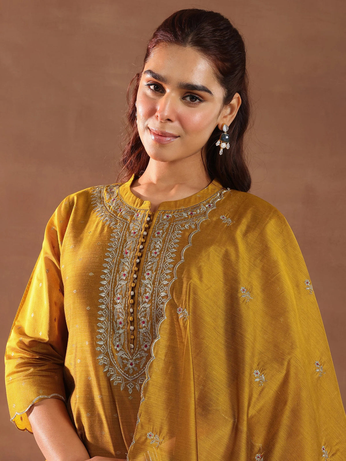 Anouk Mustard Woven Design Chanderi Silk Straight Suit With Dupatta