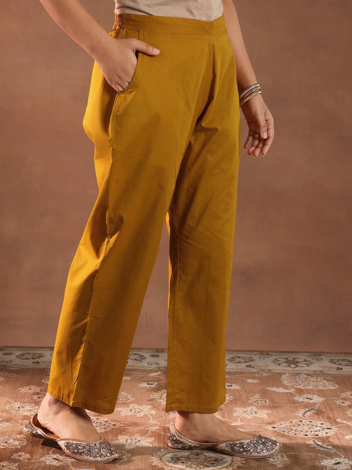 Anouk Mustard Woven Design Chanderi Silk Straight Suit With Dupatta