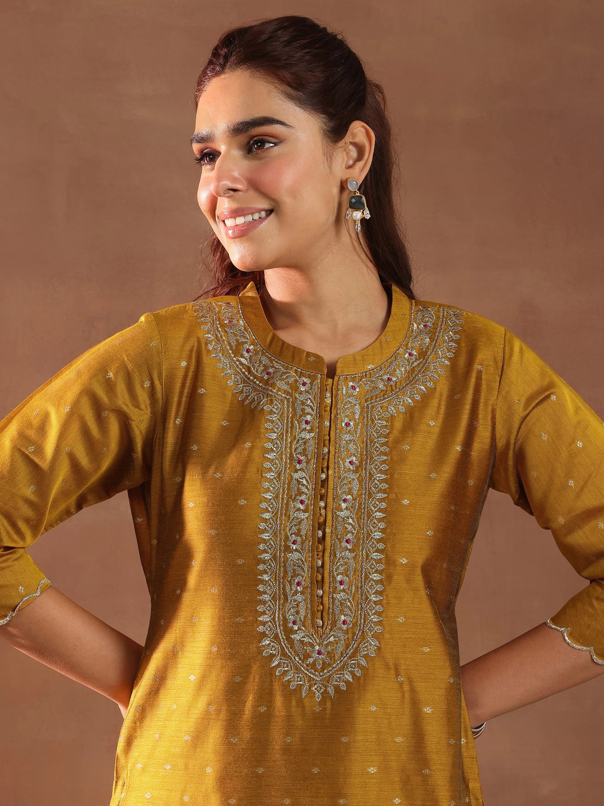 Anouk Mustard Woven Design Chanderi Silk Straight Suit With Dupatta