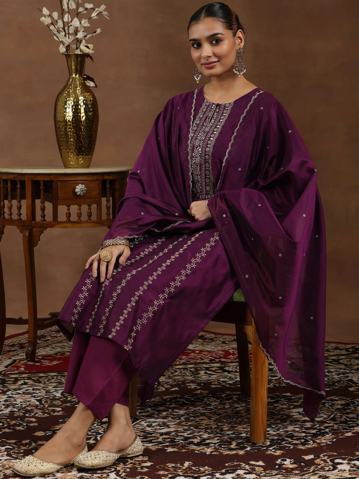 Anouk Wine Embroidered Chanderi Silk Straight Suit With Dupatta