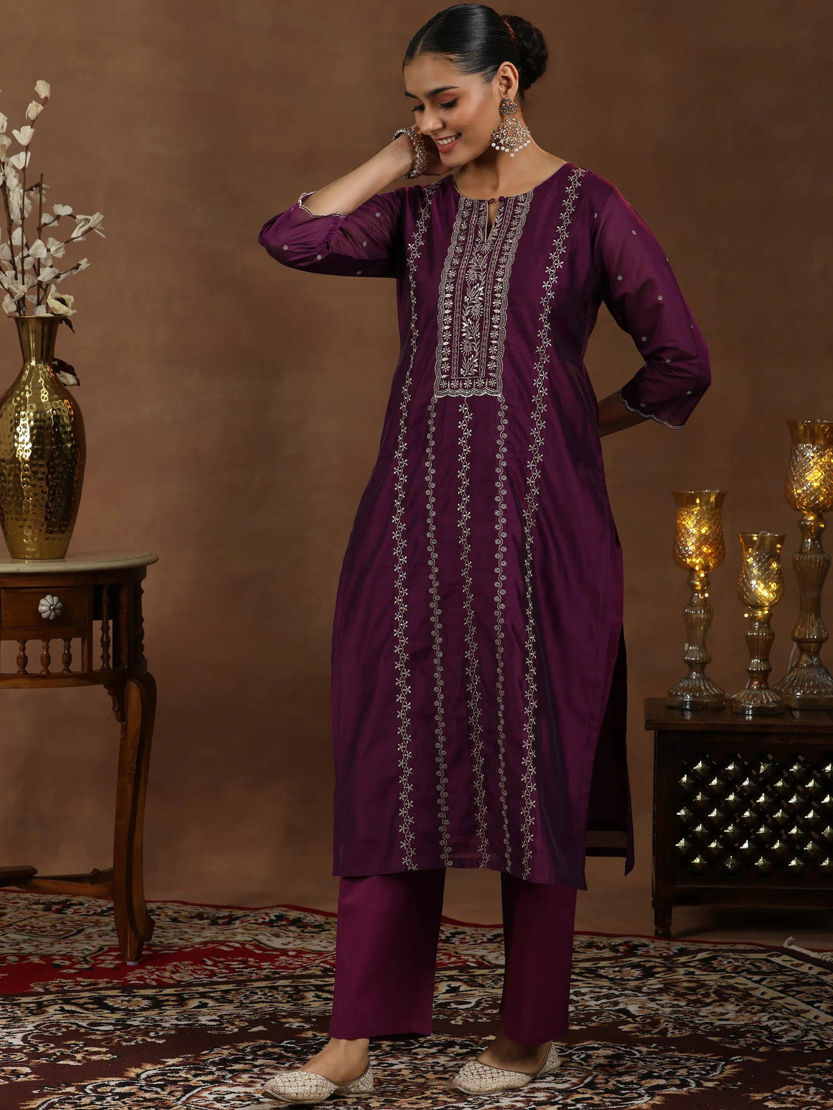 Anouk Wine Embroidered Chanderi Silk Straight Suit With Dupatta