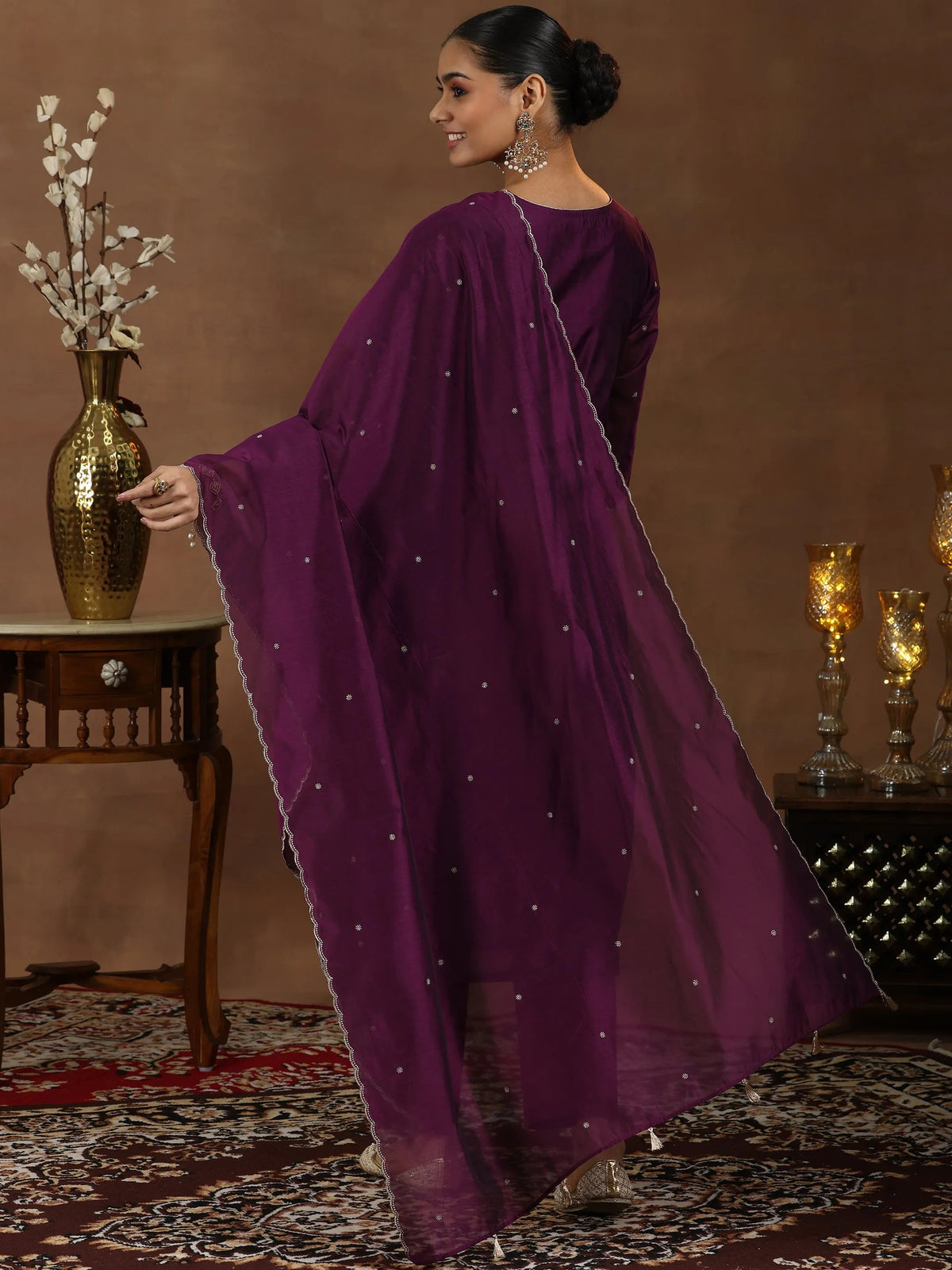 Anouk Wine Embroidered Chanderi Silk Straight Suit With Dupatta