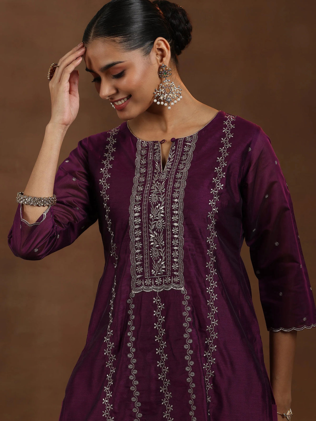 Anouk Wine Embroidered Chanderi Silk Straight Suit With Dupatta