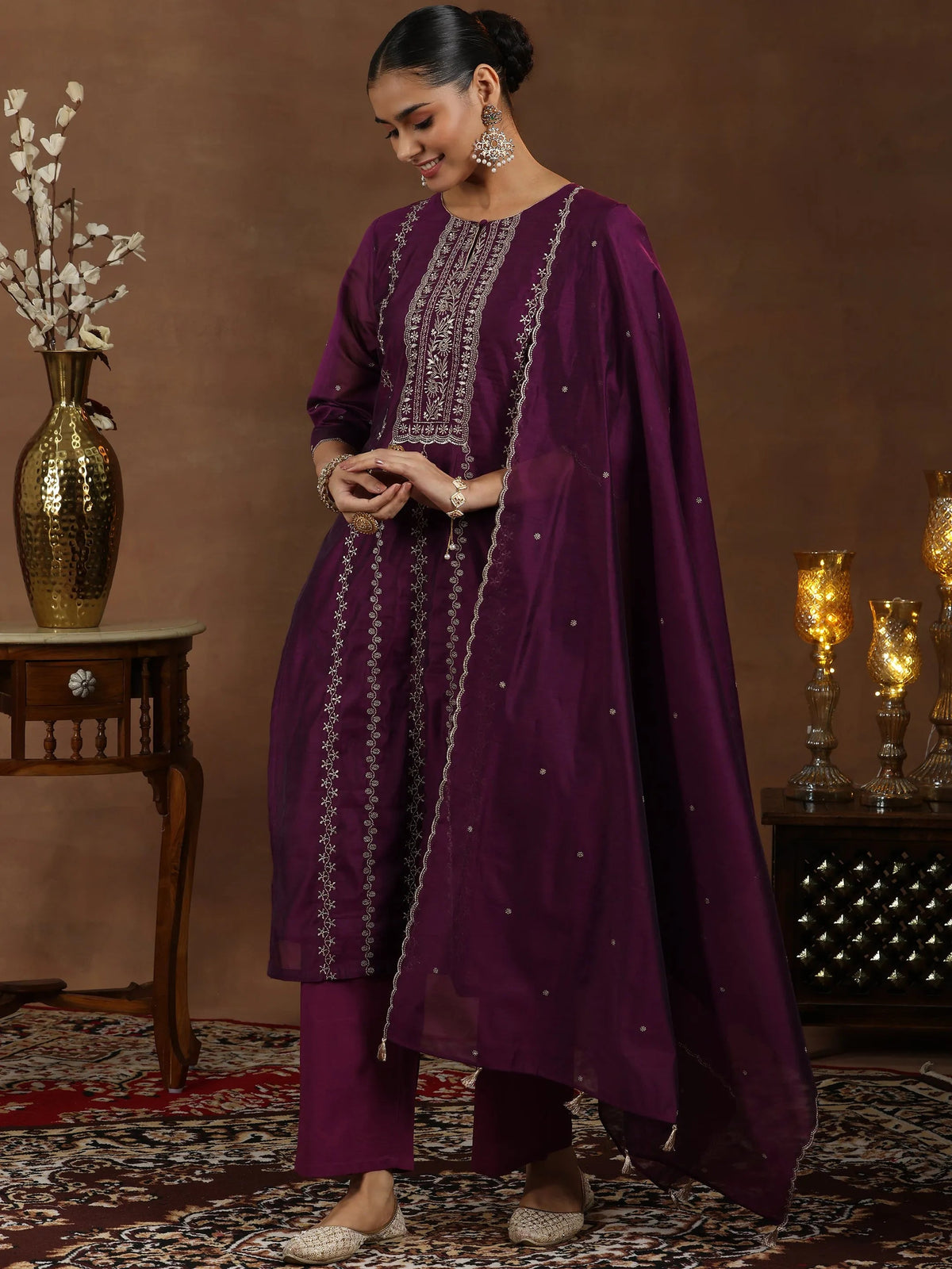 Anouk Wine Embroidered Chanderi Silk Straight Suit With Dupatta