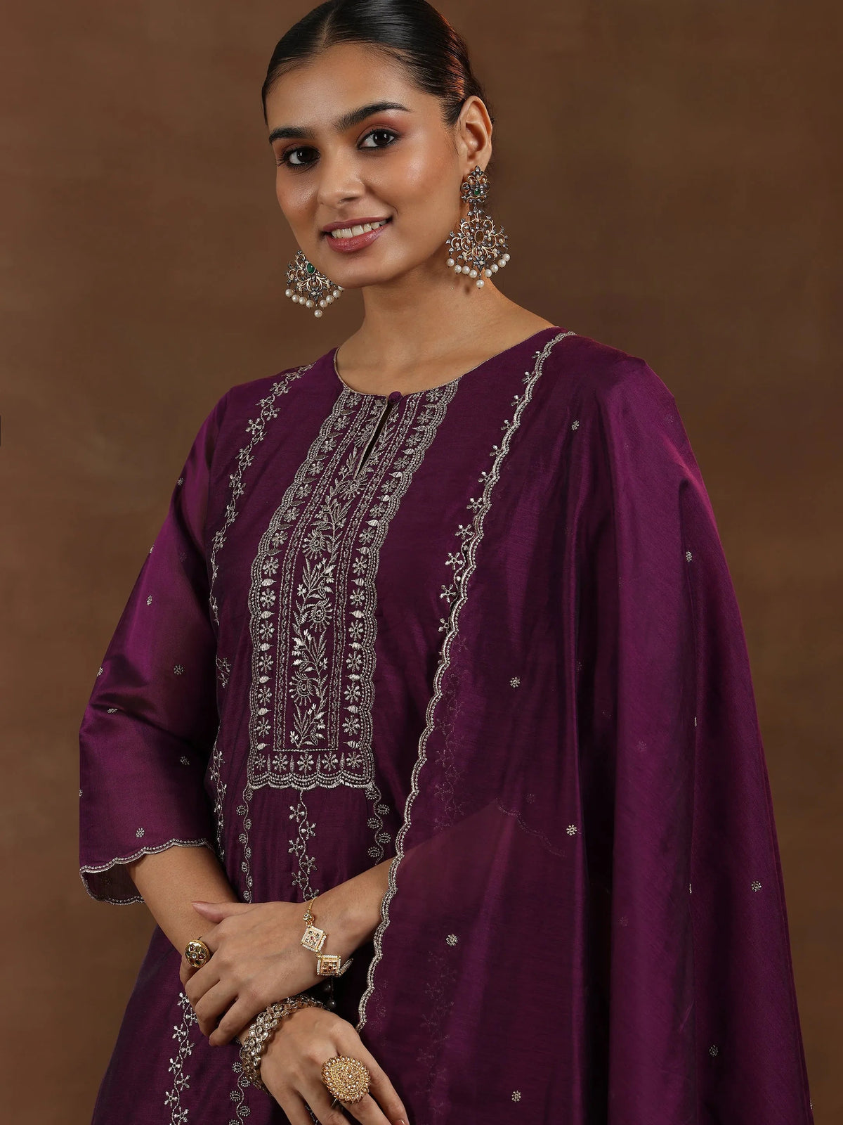 Anouk Wine Embroidered Chanderi Silk Straight Suit With Dupatta