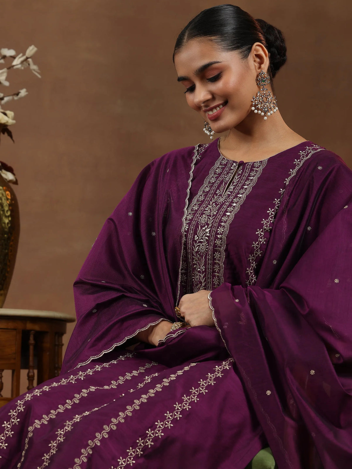 Anouk Wine Embroidered Chanderi Silk Straight Suit With Dupatta