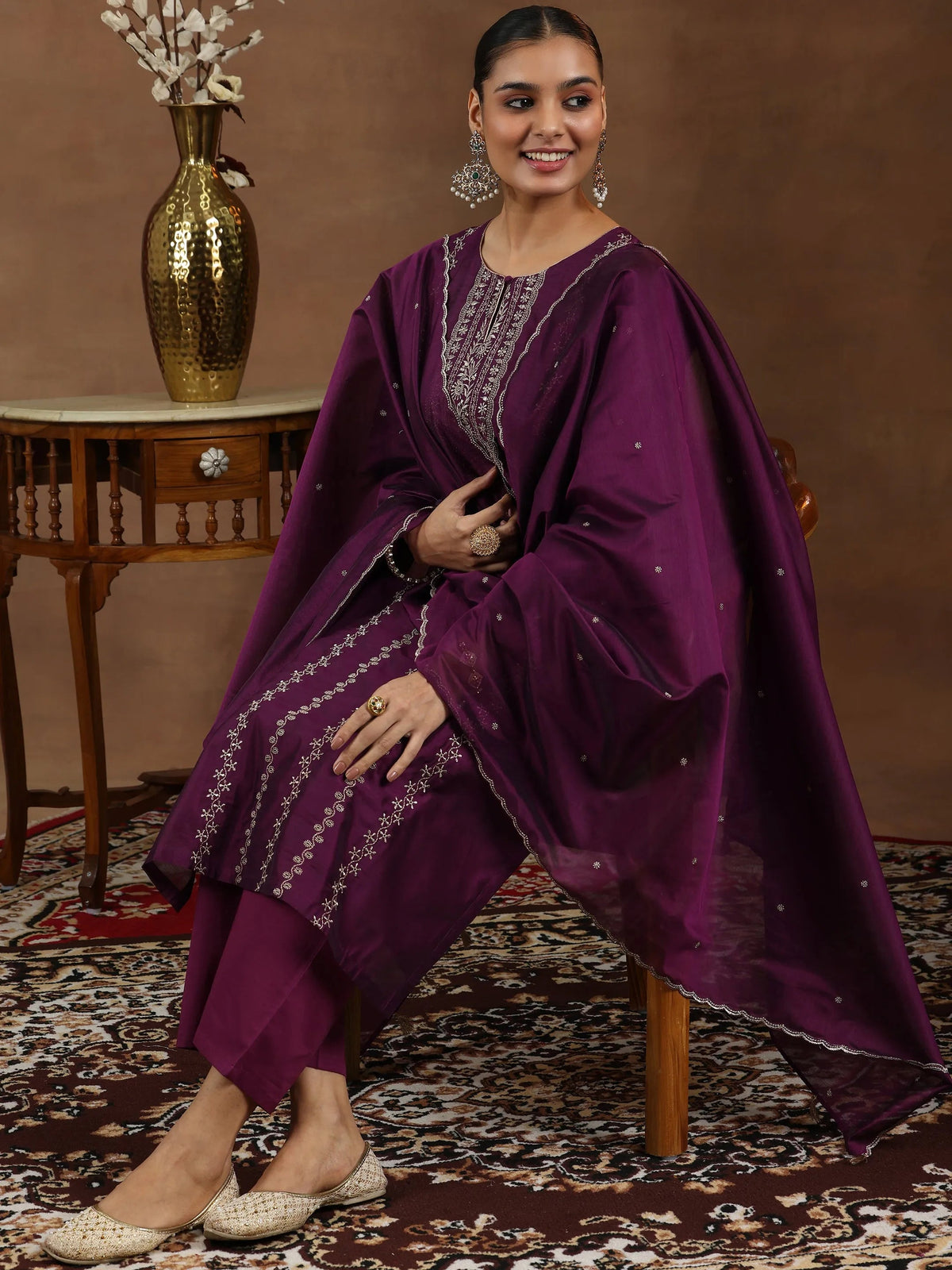 Anouk Wine Embroidered Chanderi Silk Straight Suit With Dupatta