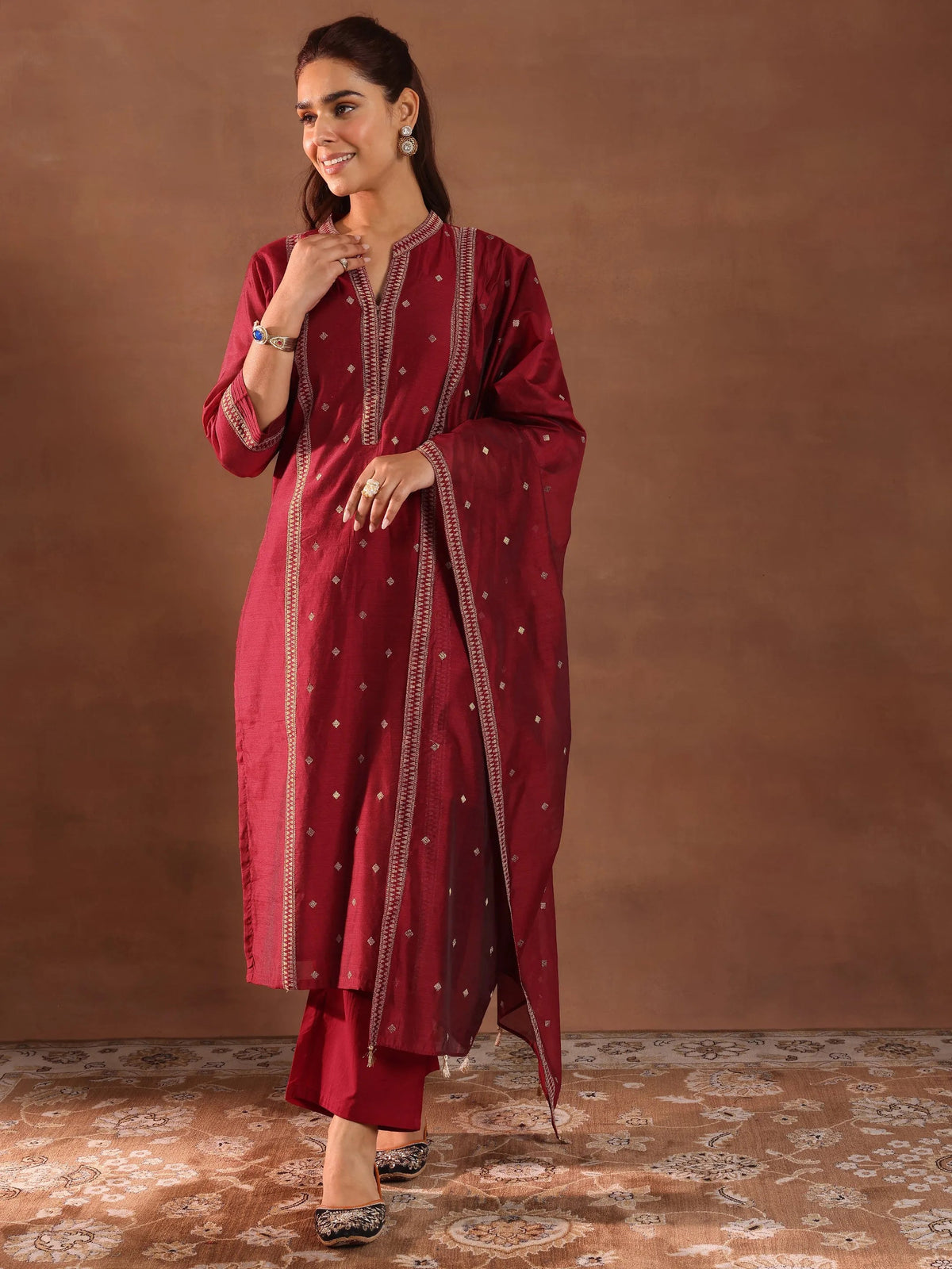 Anouk Maroon Woven Design Chanderi Silk Straight Suit With Dupatta