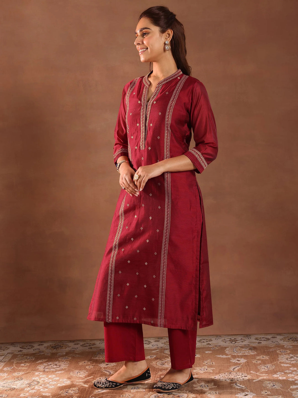 Anouk Maroon Woven Design Chanderi Silk Straight Suit With Dupatta