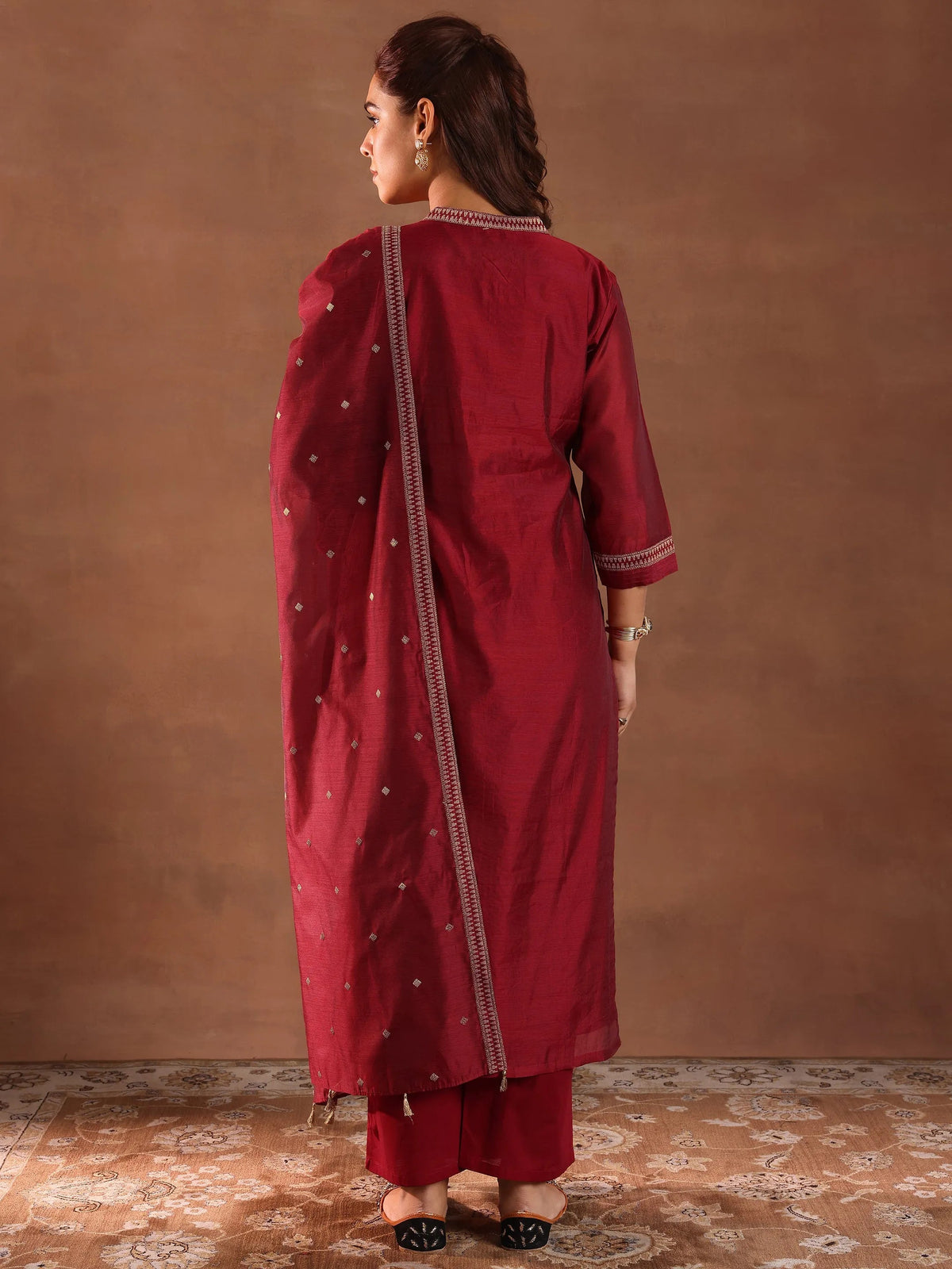 Anouk Maroon Woven Design Chanderi Silk Straight Suit With Dupatta