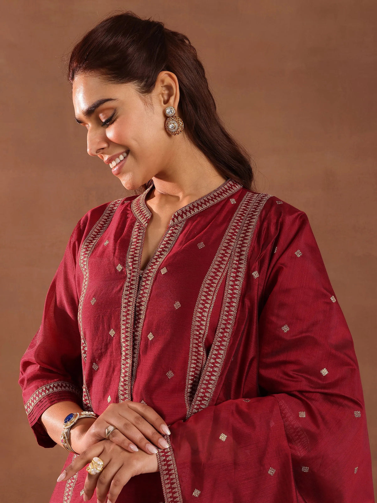 Anouk Maroon Woven Design Chanderi Silk Straight Suit With Dupatta