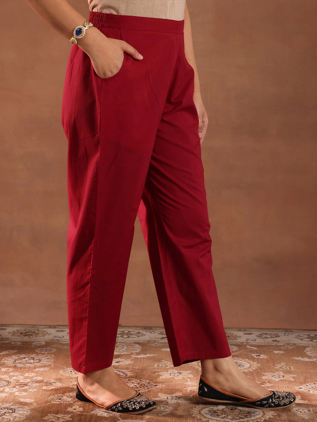 Anouk Maroon Woven Design Chanderi Silk Straight Suit With Dupatta