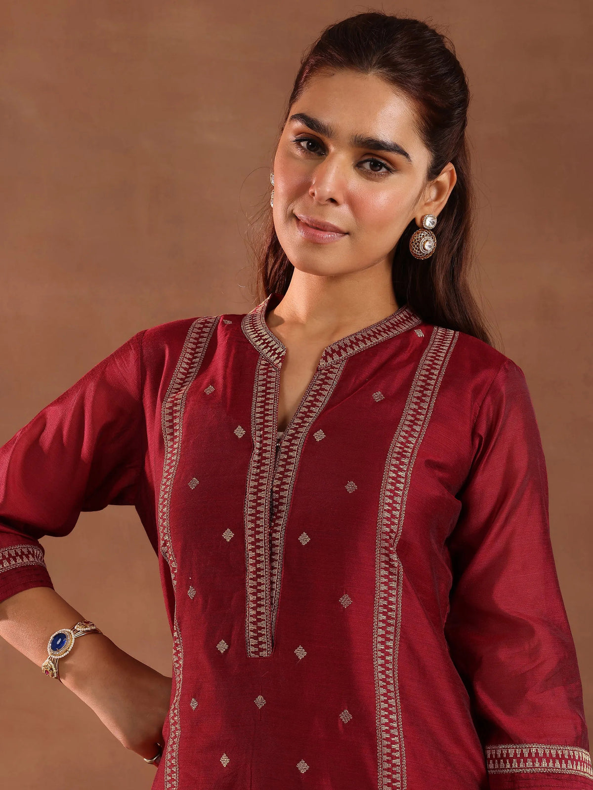 Anouk Maroon Woven Design Chanderi Silk Straight Suit With Dupatta