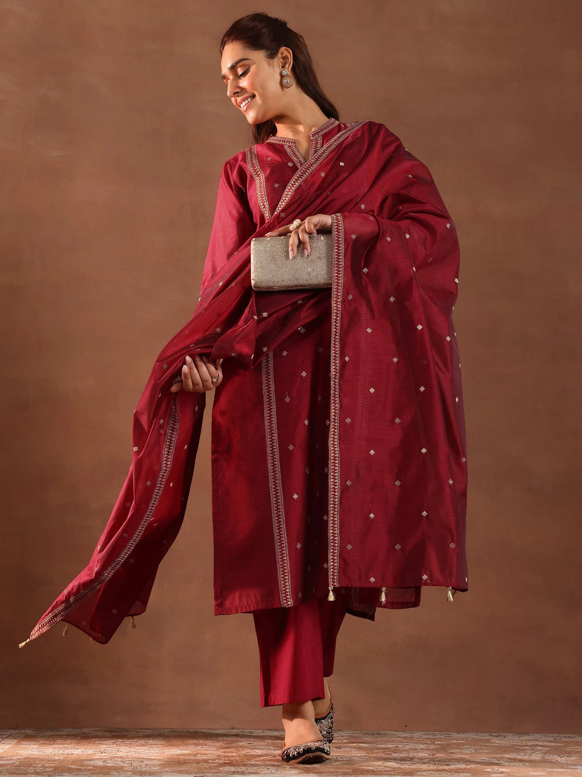 Anouk Maroon Woven Design Chanderi Silk Straight Suit With Dupatta