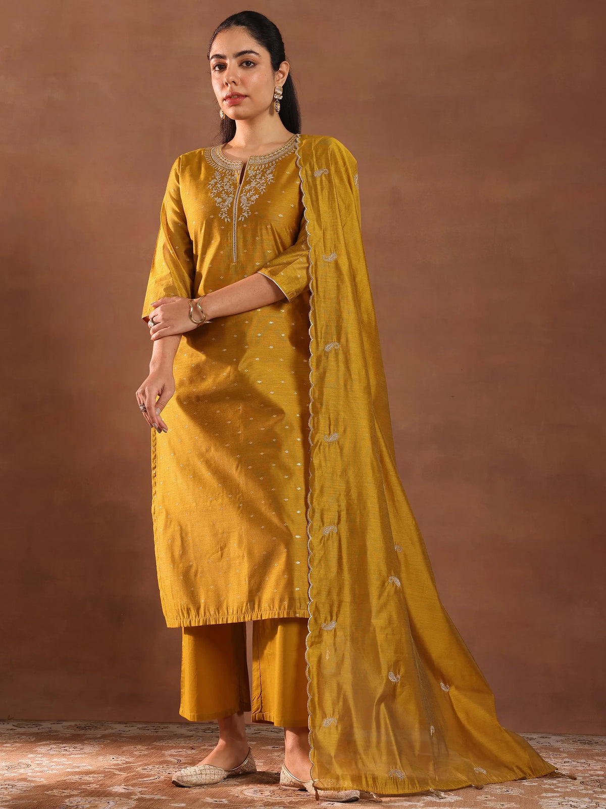 Anouk Mustard Woven Design Chanderi Silk Straight Suit With Dupatta