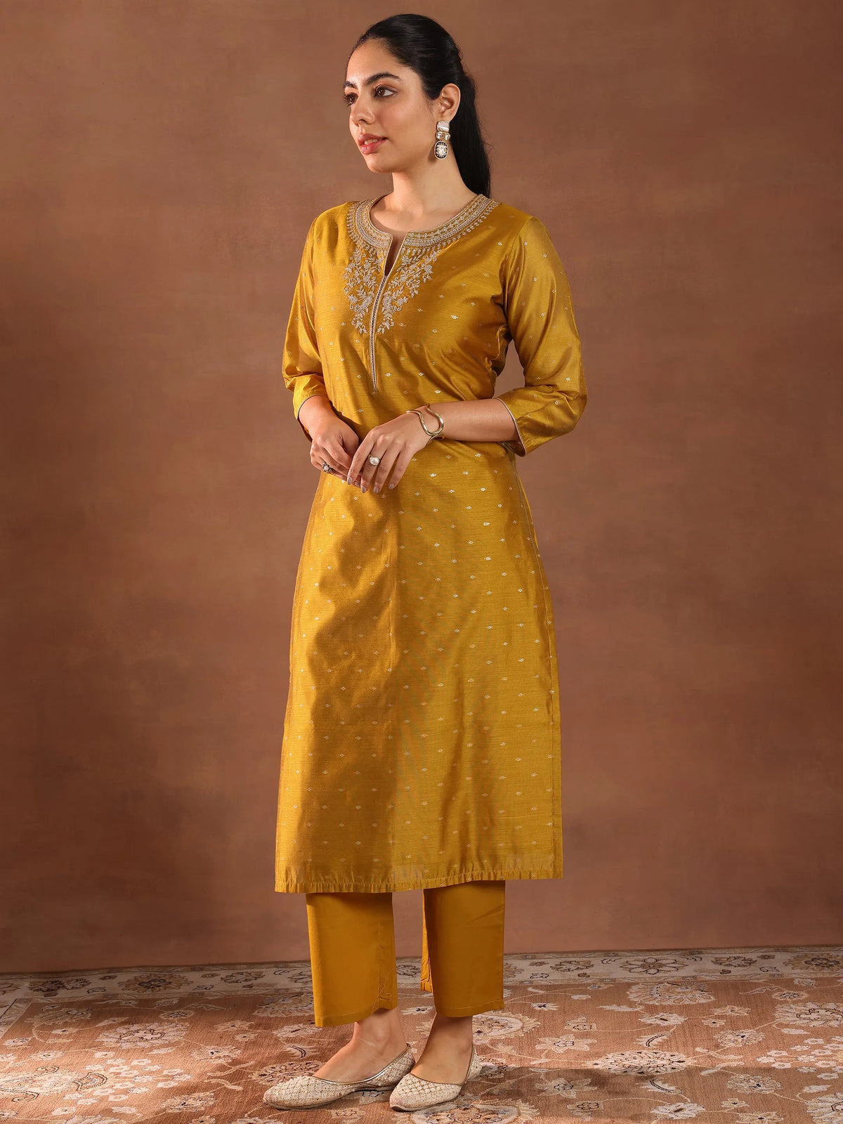 Anouk Mustard Woven Design Chanderi Silk Straight Suit With Dupatta