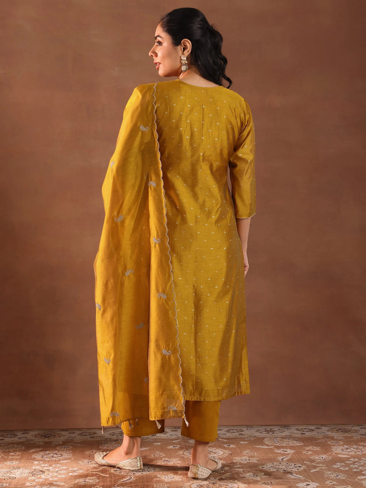 Anouk Mustard Woven Design Chanderi Silk Straight Suit With Dupatta