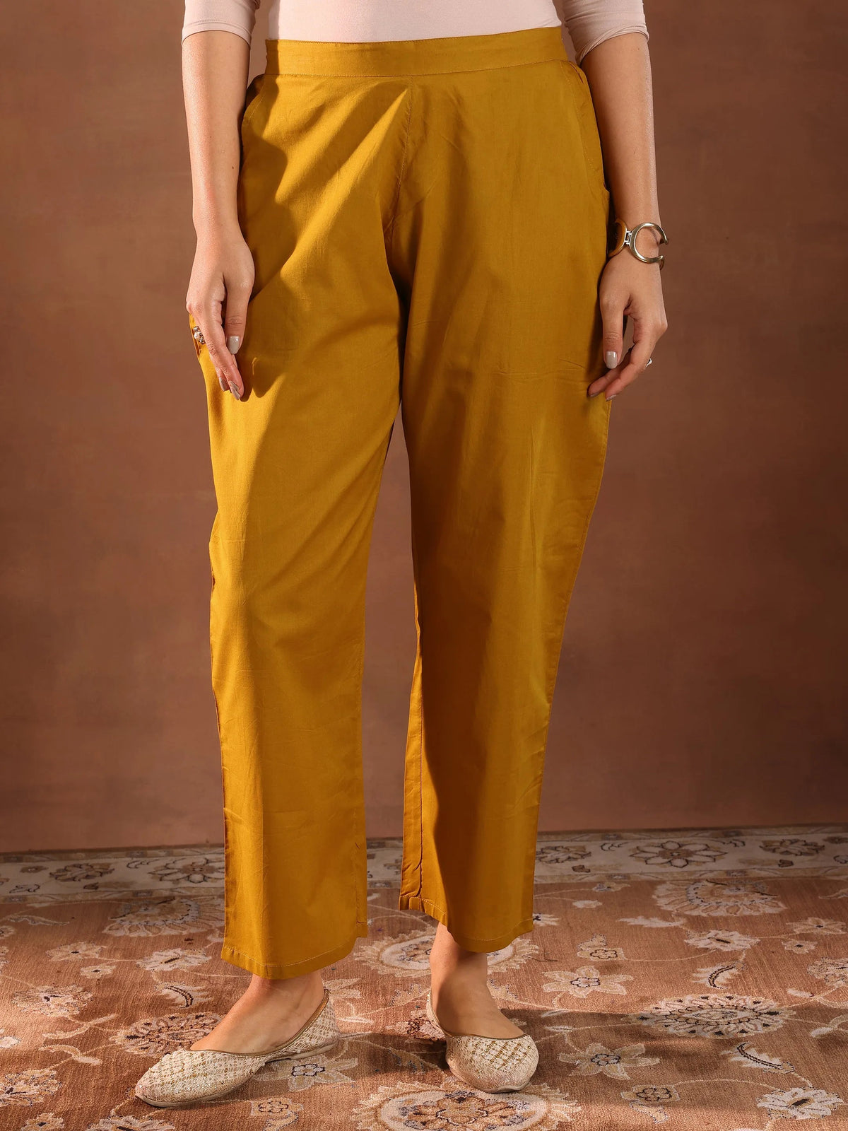 Anouk Mustard Woven Design Chanderi Silk Straight Suit With Dupatta
