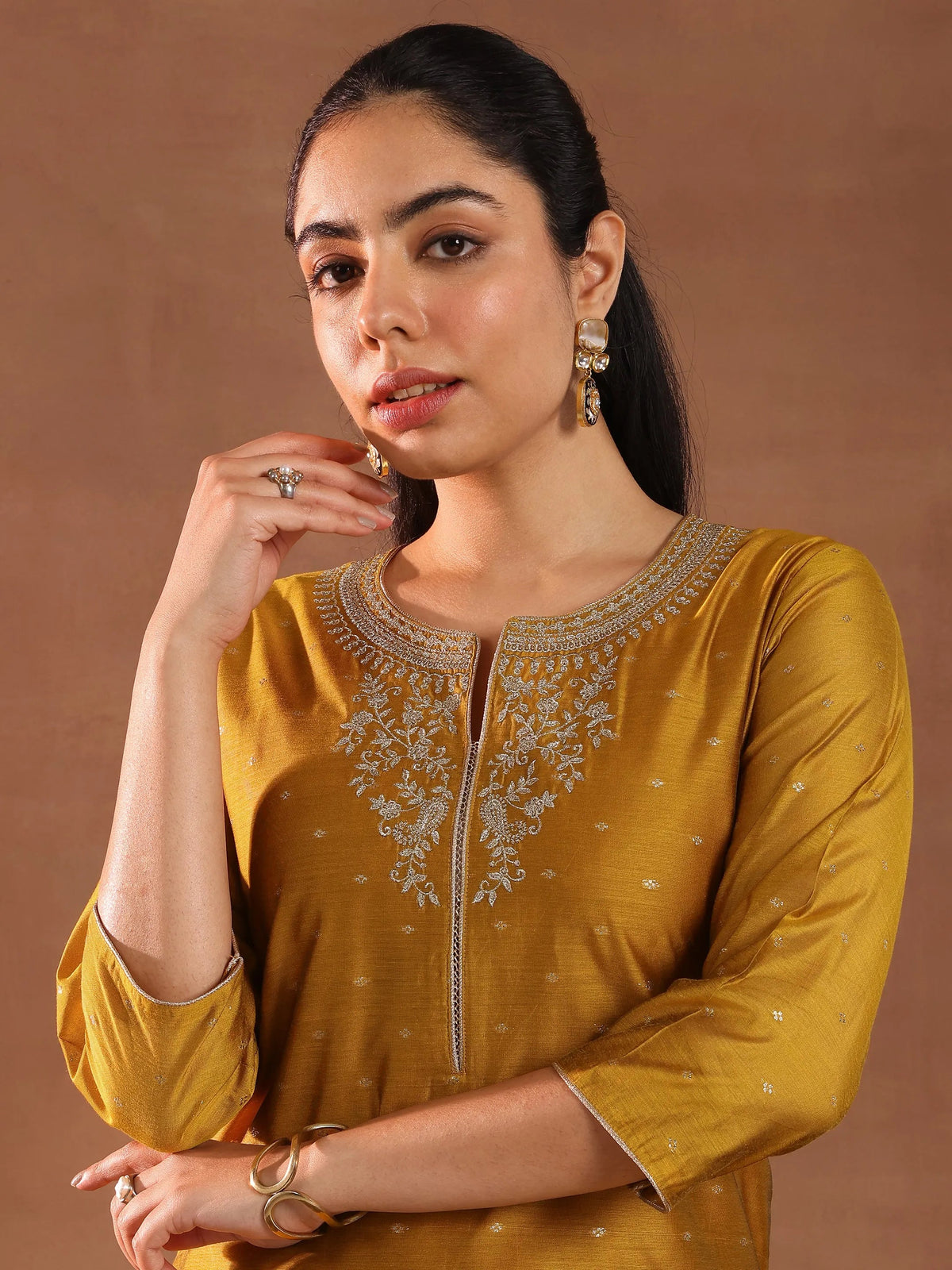 Anouk Mustard Woven Design Chanderi Silk Straight Suit With Dupatta