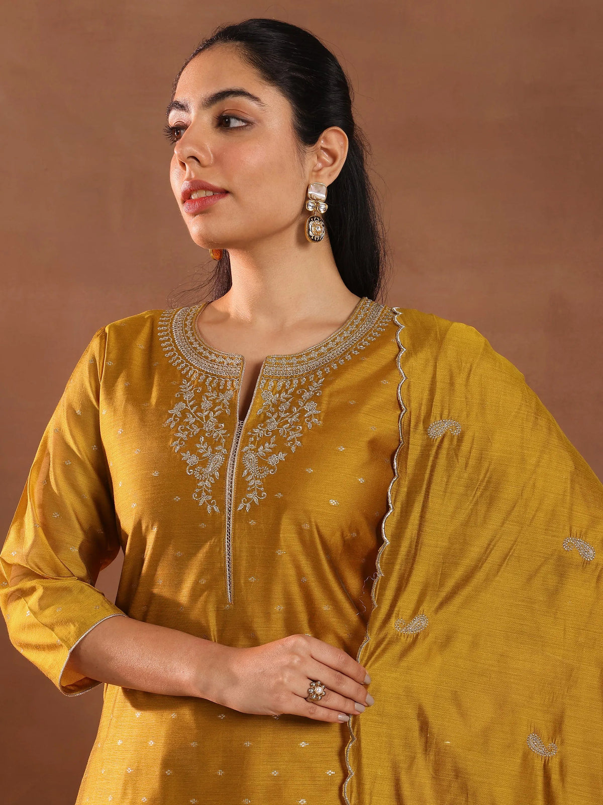 Anouk Mustard Woven Design Chanderi Silk Straight Suit With Dupatta