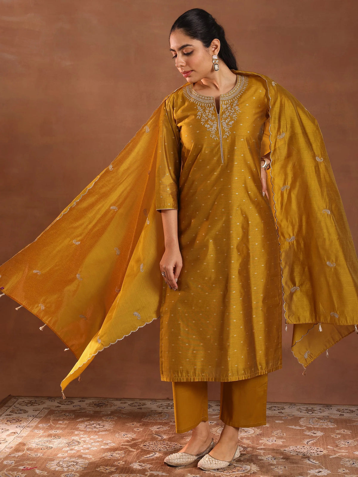 Anouk Mustard Woven Design Chanderi Silk Straight Suit With Dupatta