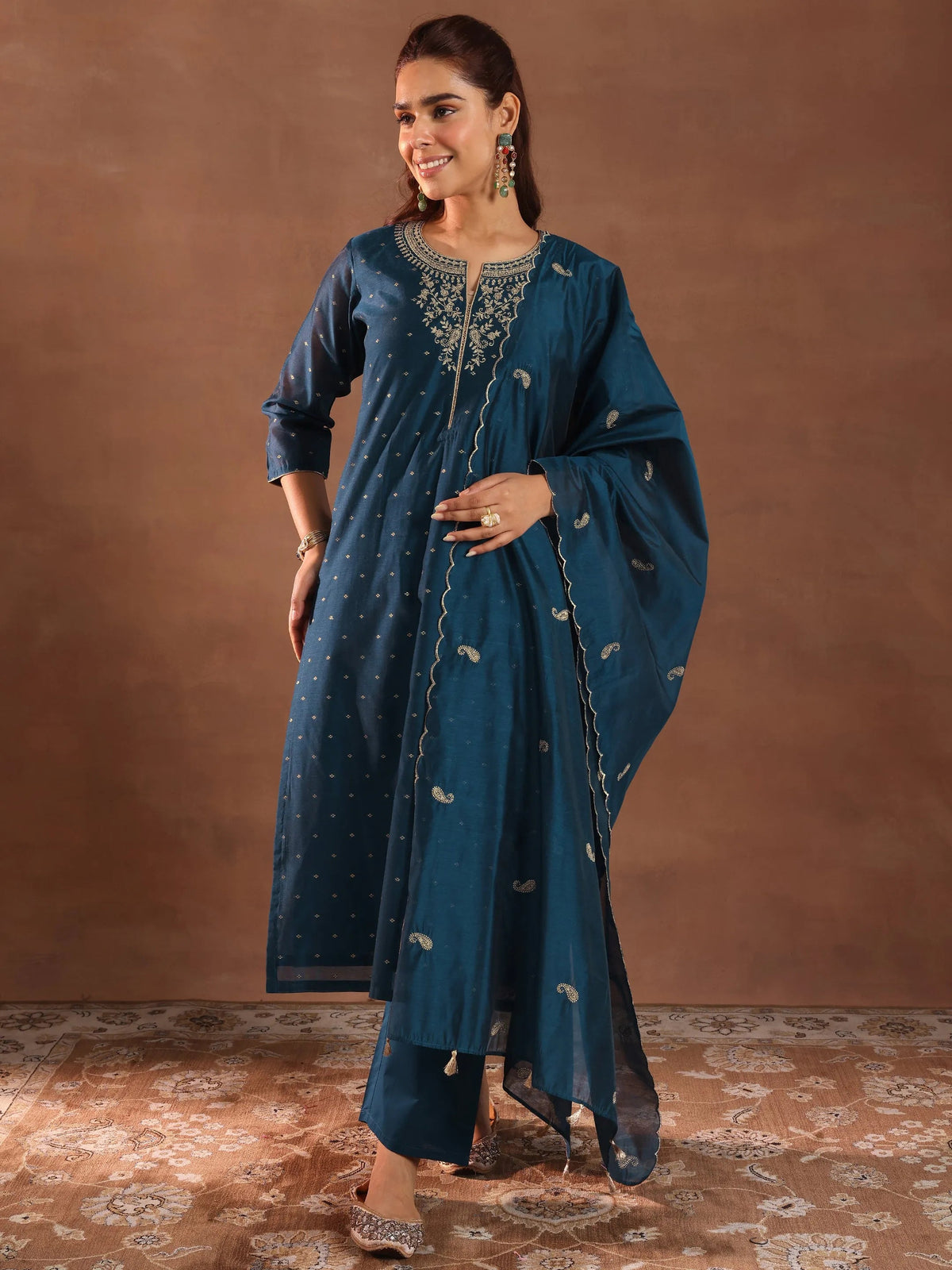 Anouk Teal Woven Design Chanderi Silk Straight Suit With Dupatta
