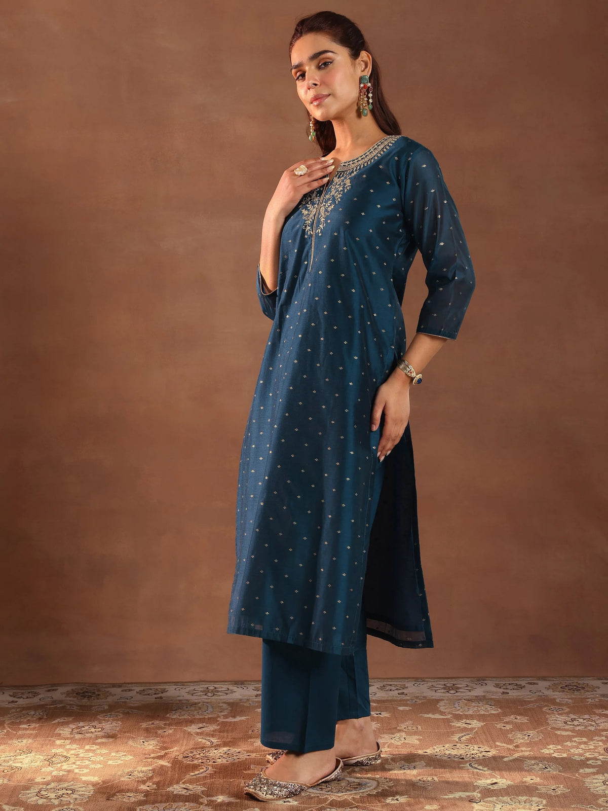 Anouk Teal Woven Design Chanderi Silk Straight Suit With Dupatta