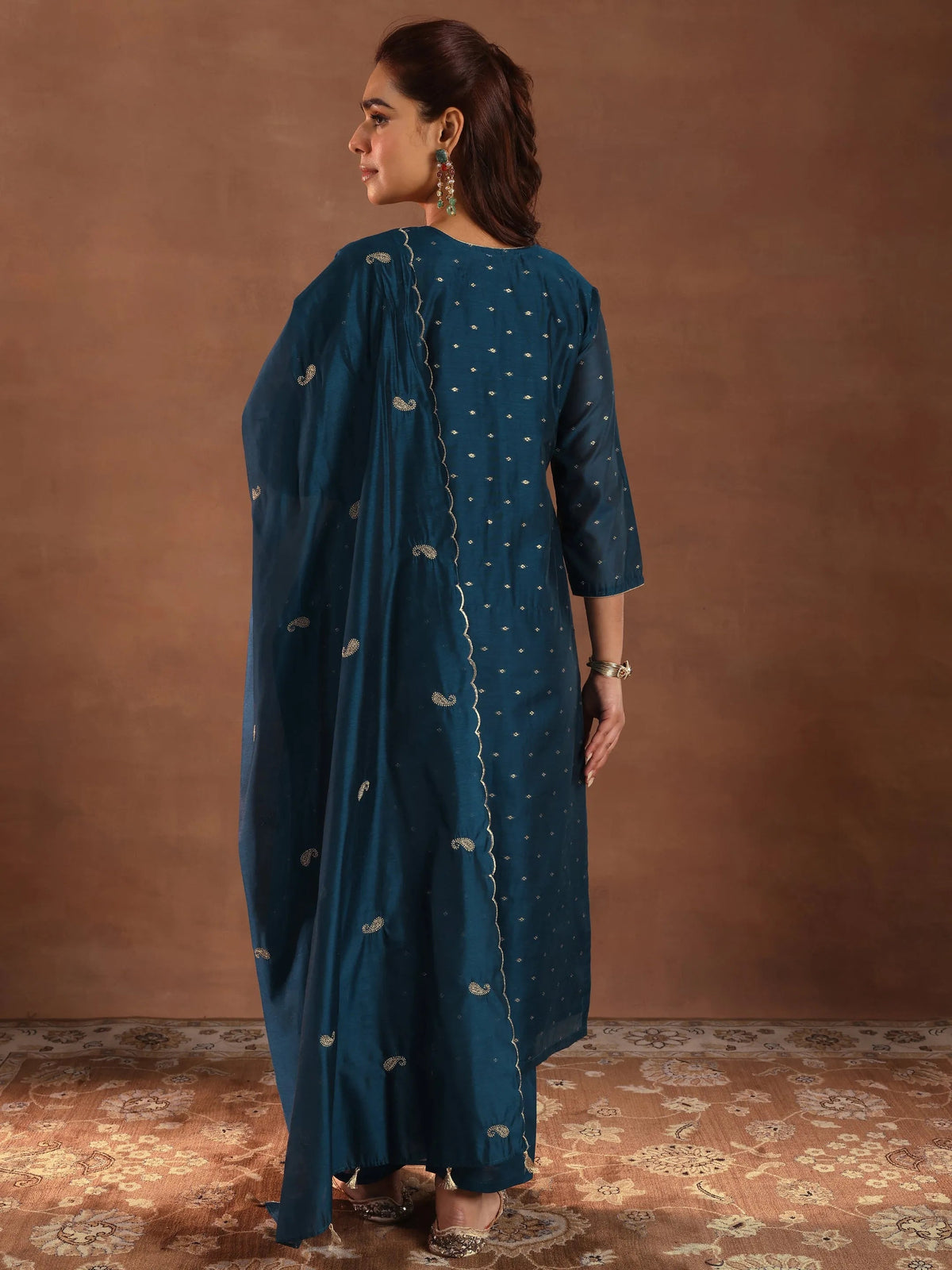 Anouk Teal Woven Design Chanderi Silk Straight Suit With Dupatta