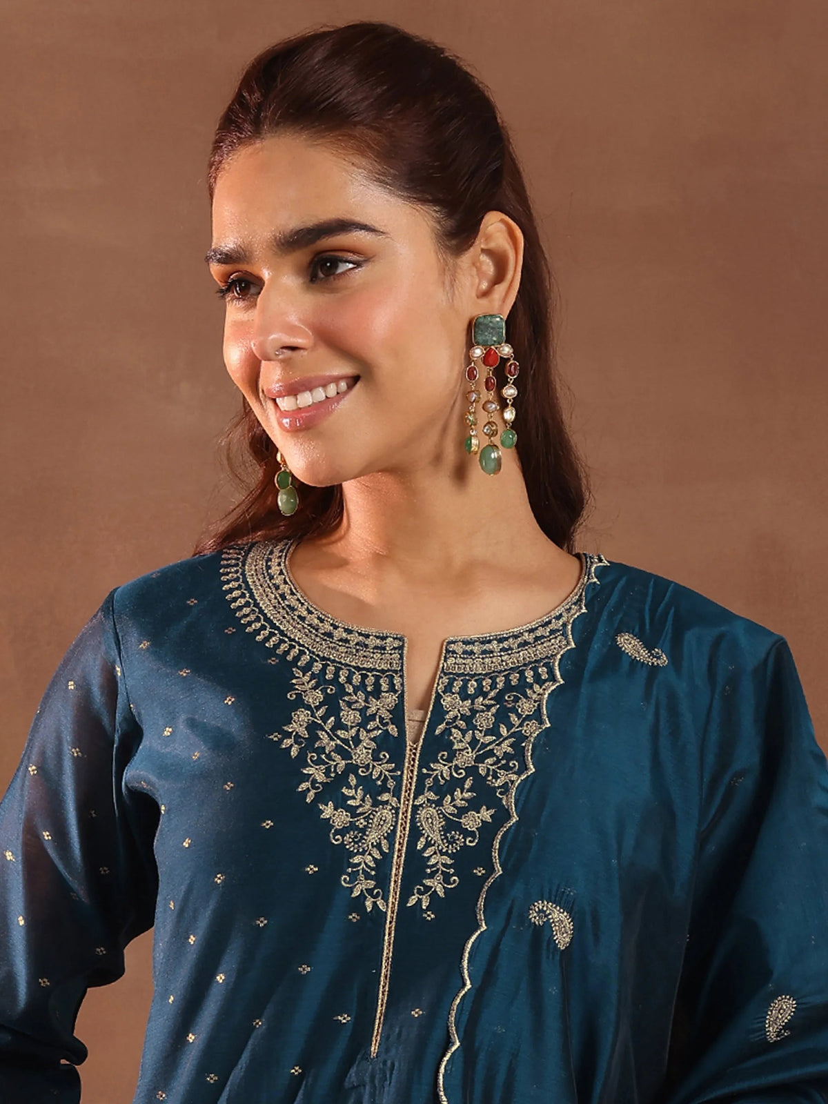 Anouk Teal Woven Design Chanderi Silk Straight Suit With Dupatta