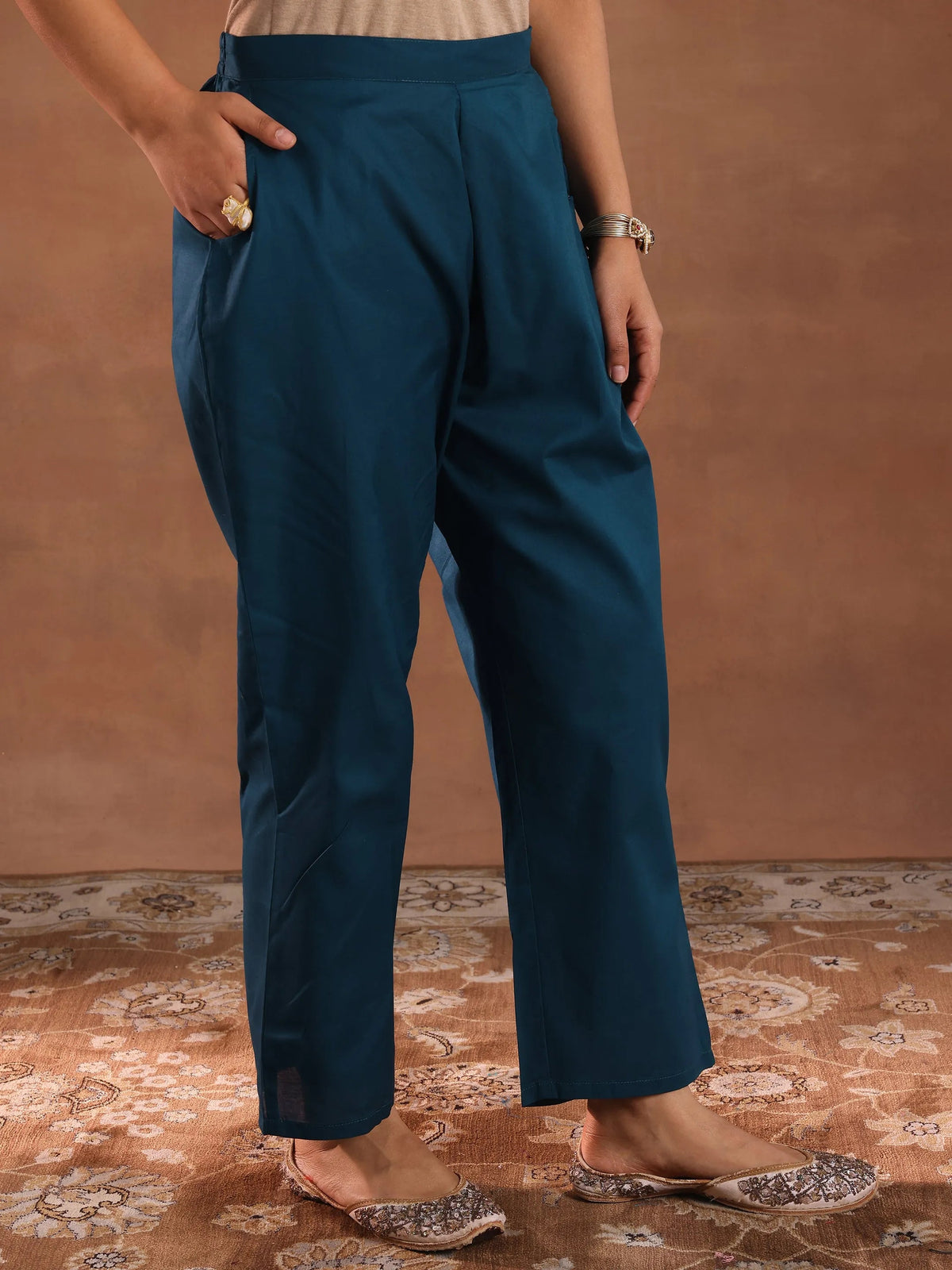 Anouk Teal Woven Design Chanderi Silk Straight Suit With Dupatta