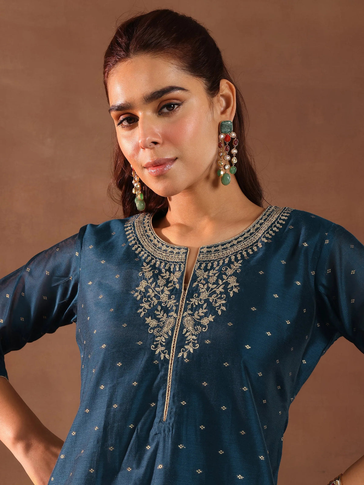 Anouk Teal Woven Design Chanderi Silk Straight Suit With Dupatta