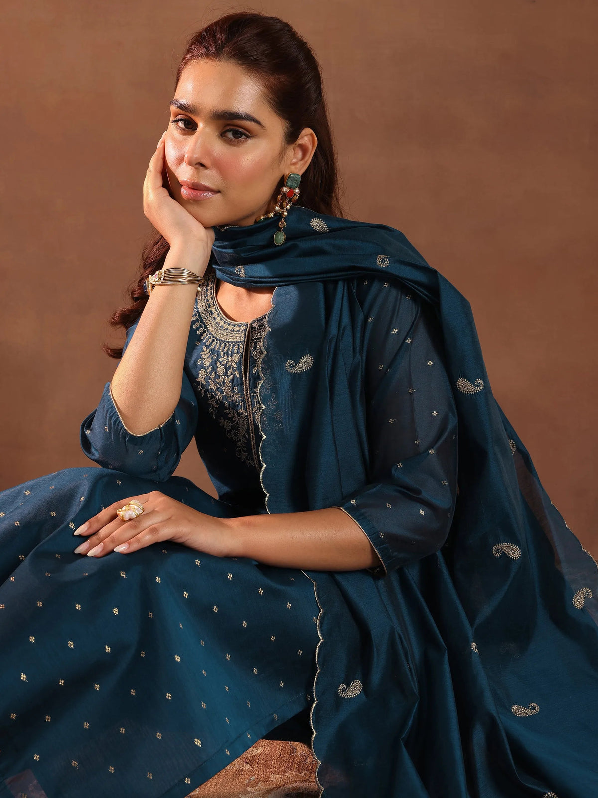 Anouk Teal Woven Design Chanderi Silk Straight Suit With Dupatta