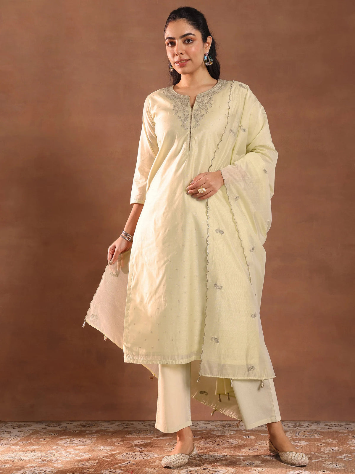 Anouk Cream Woven Design Chanderi Silk Straight Suit With Dupatta