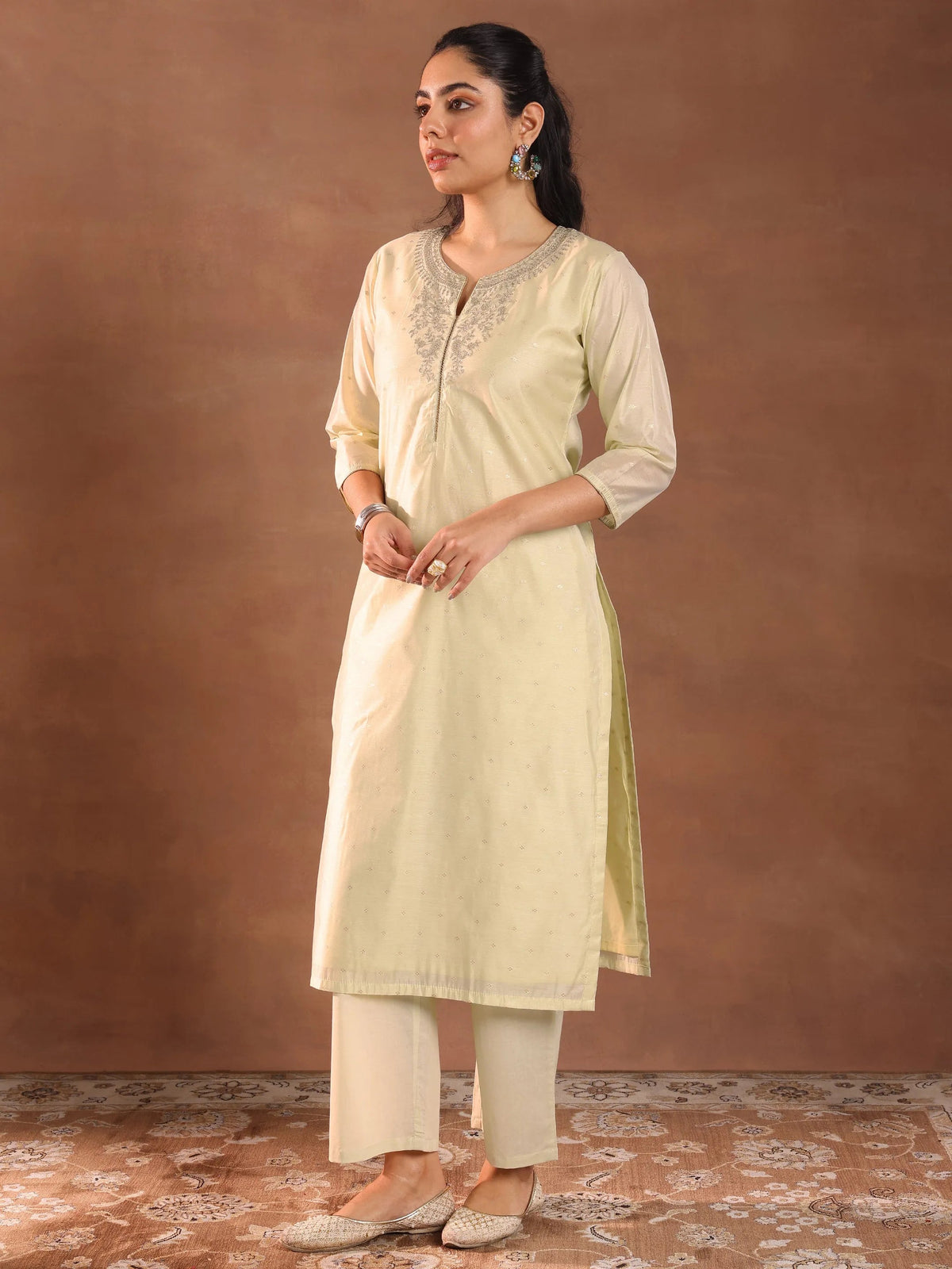 Anouk Cream Woven Design Chanderi Silk Straight Suit With Dupatta