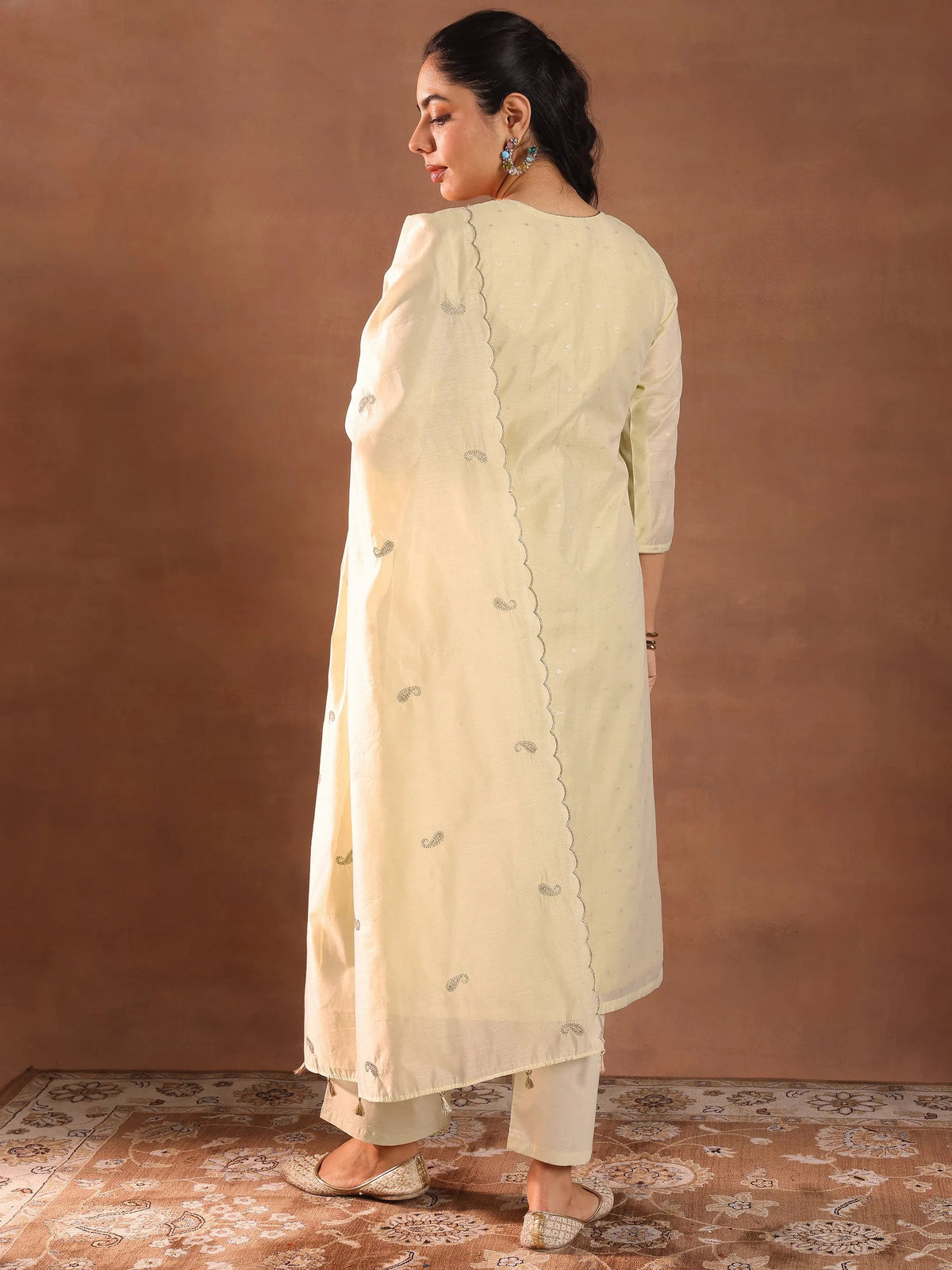 Anouk Cream Woven Design Chanderi Silk Straight Suit With Dupatta
