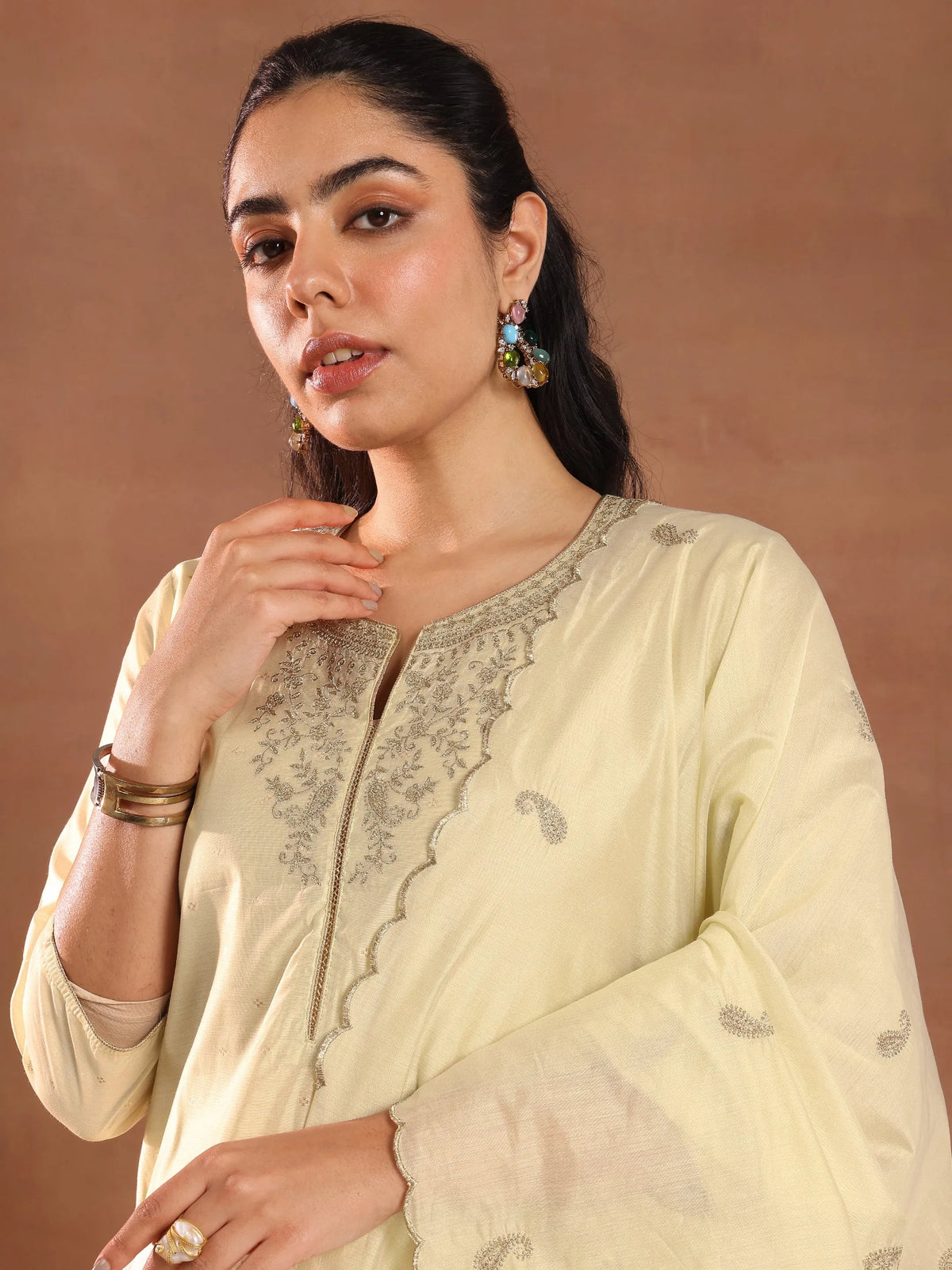 Anouk Cream Woven Design Chanderi Silk Straight Suit With Dupatta