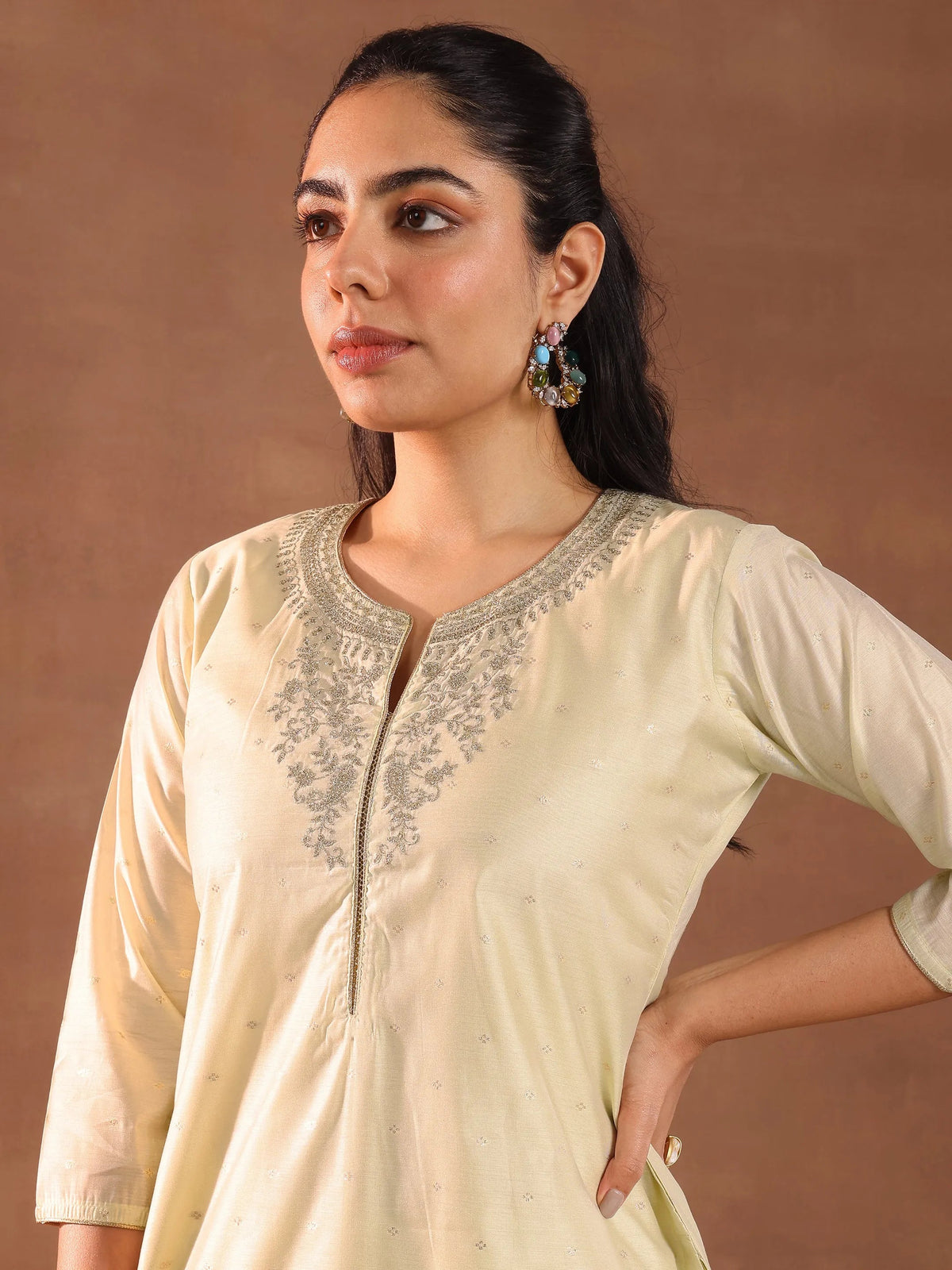 Anouk Cream Woven Design Chanderi Silk Straight Suit With Dupatta