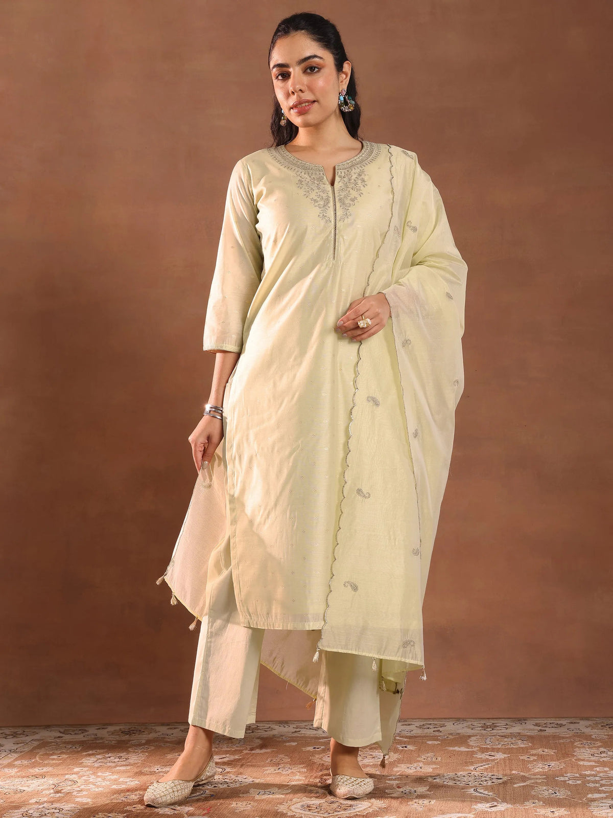 Anouk Cream Woven Design Chanderi Silk Straight Suit With Dupatta