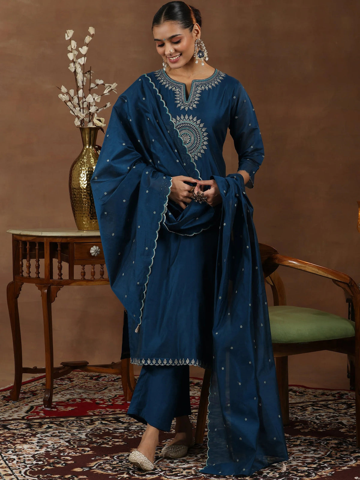 Anouk Navy Blue Embroidered Chanderi Silk Straight Suit With Dupatta