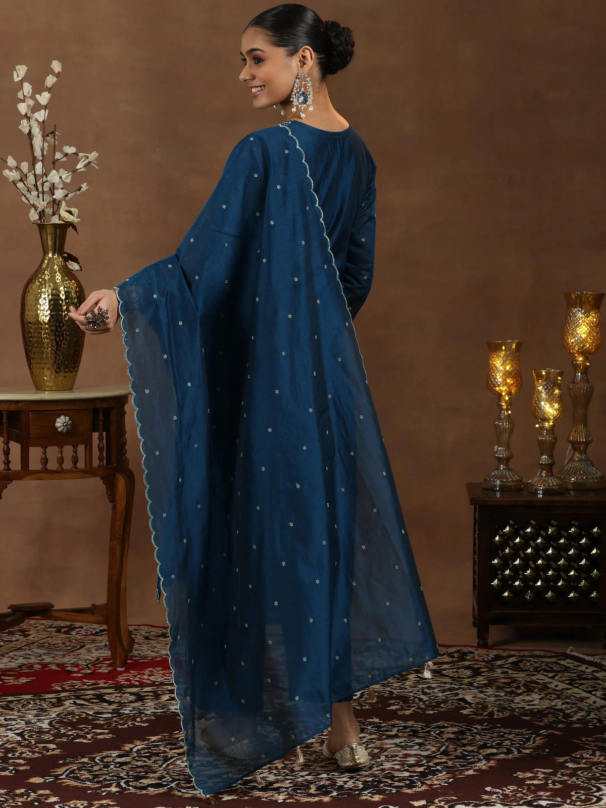 Anouk Navy Blue Embroidered Chanderi Silk Straight Suit With Dupatta