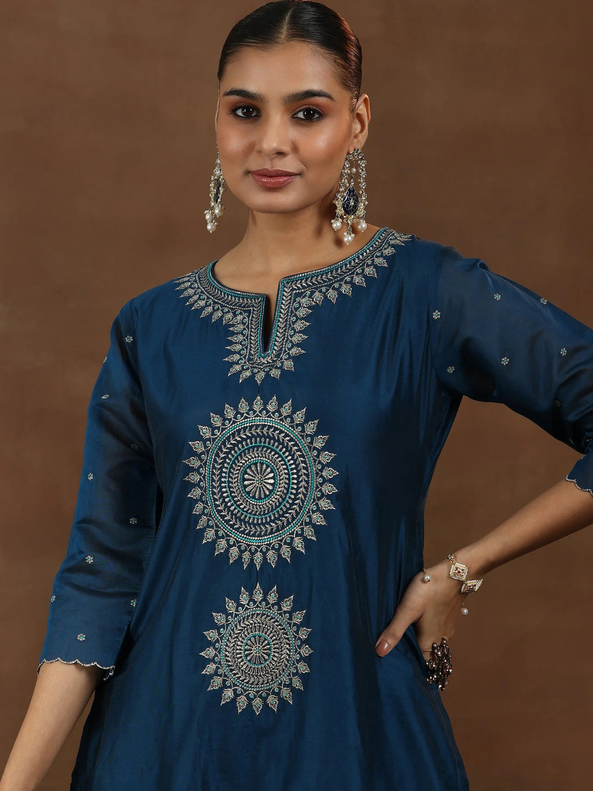 Anouk Navy Blue Embroidered Chanderi Silk Straight Suit With Dupatta