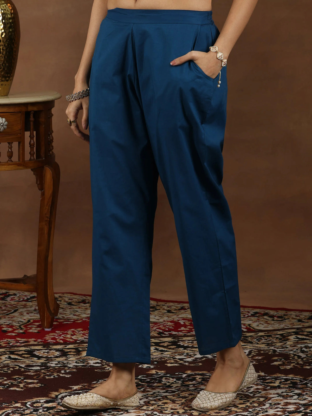 Anouk Navy Blue Embroidered Chanderi Silk Straight Suit With Dupatta