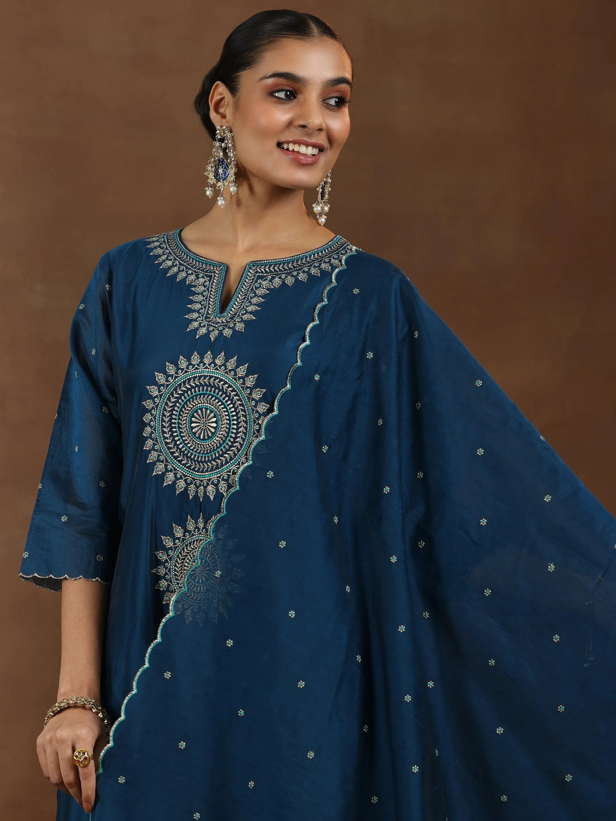 Anouk Navy Blue Embroidered Chanderi Silk Straight Suit With Dupatta