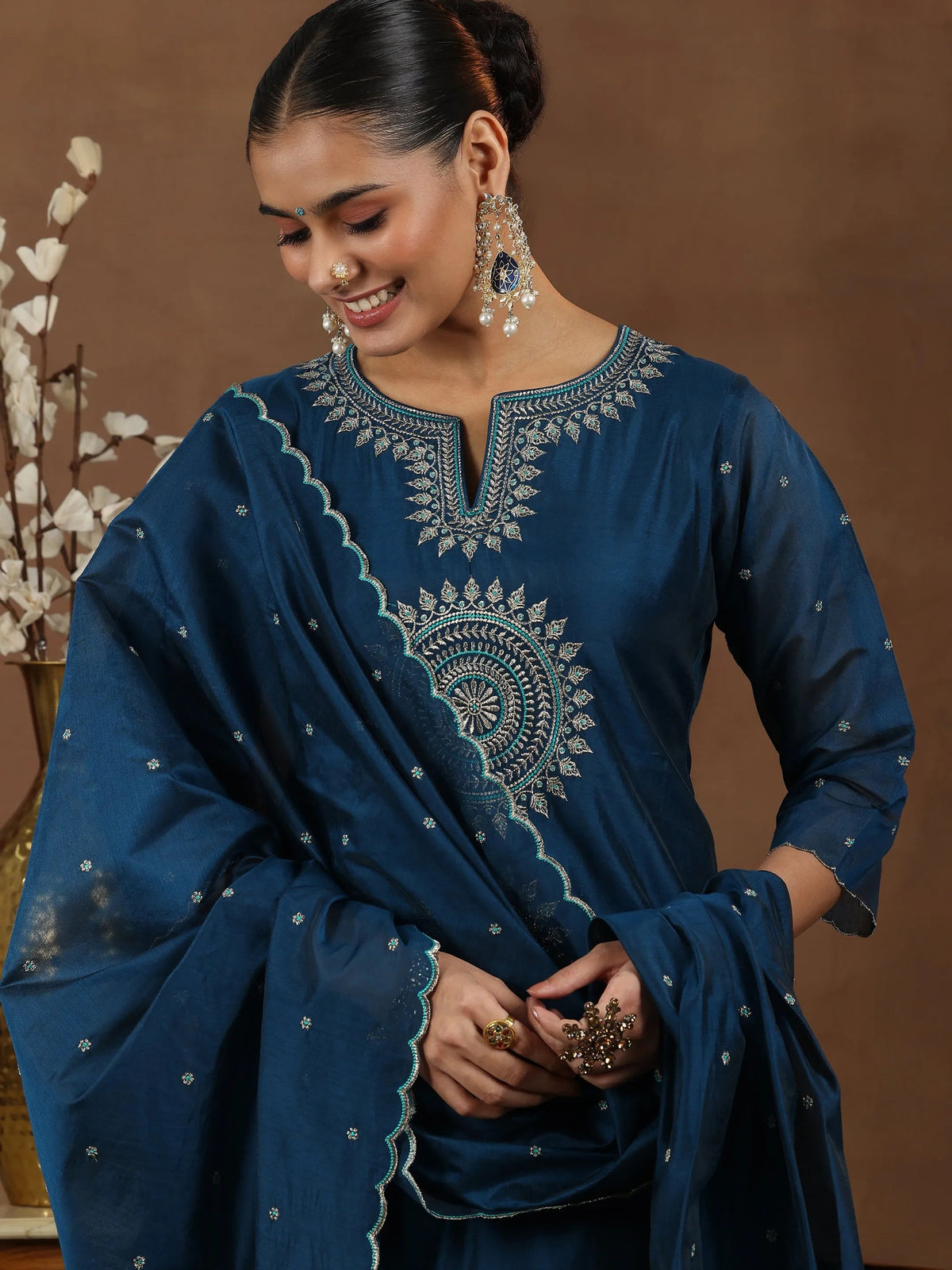 Anouk Navy Blue Embroidered Chanderi Silk Straight Suit With Dupatta